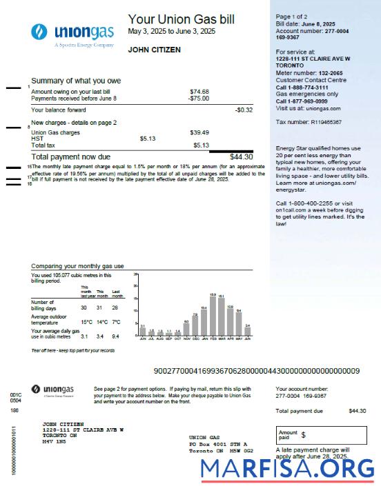 Printable Canada Union Gas utility bill template in Word and PDF formats